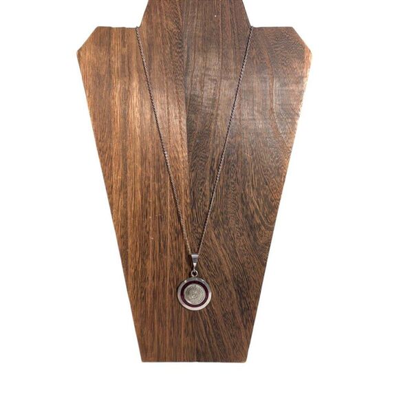 VTG Sterling Silver Pendant Necklace Coral Red Silver Mayan Calendar 22" Chain - Picture 2 of 8